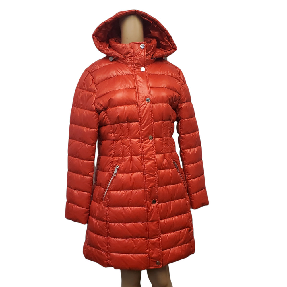 Guess Women High Shine Removable Hood Puffer Coat Red Large